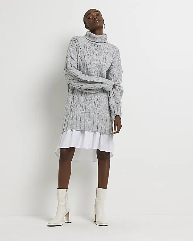 River Island cable knit mini jumper shirt dress Grey Best