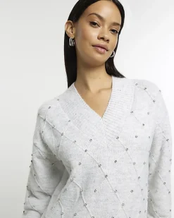 River Island diamante jumper midi dress Grey Outlet