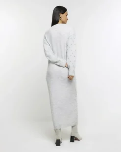 River Island diamante jumper midi dress Grey Outlet