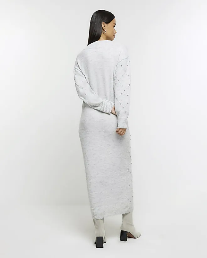 River Island diamante jumper midi dress Grey Outlet