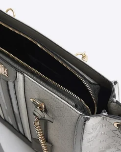 River Island embossed monogram chain tote bag Grey Hot