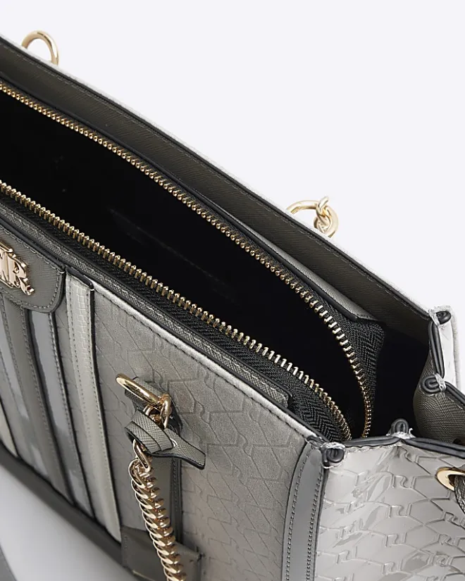 River Island embossed monogram chain tote bag Grey Hot