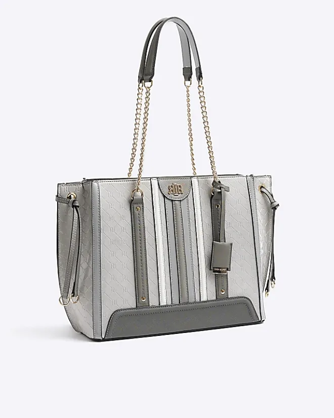 River Island embossed monogram chain tote bag Grey Hot