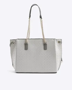 River Island embossed monogram chain tote bag Grey Hot