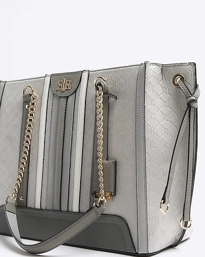 River Island embossed monogram chain tote bag Grey Hot