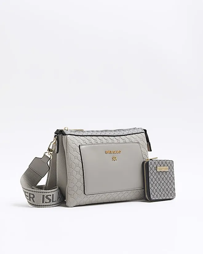 River Island embossed RI cross body bag Grey Sale