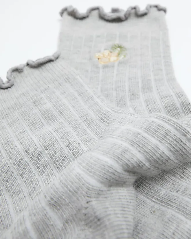 River Island embroidered flower ankle socks Grey Fashion