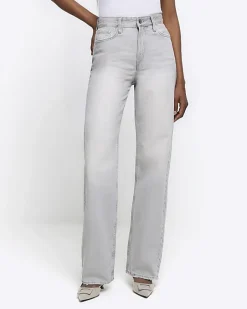 River Island faded high waist relaxed straight jeans Grey New