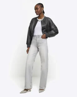 River Island faded high waist relaxed straight jeans Grey New