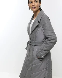 River Island faux fur collar belted jacket Grey Best