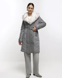 River Island faux fur collar belted jacket Grey Best