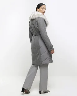 River Island faux fur collar belted jacket Grey Best