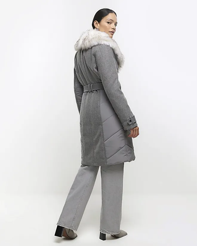 River Island faux fur collar belted jacket Grey Best