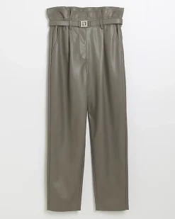 River Island faux leather belted paperbag trousers Grey Sale