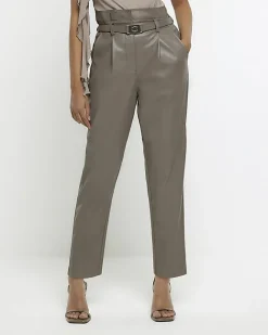 River Island faux leather belted paperbag trousers Grey Sale