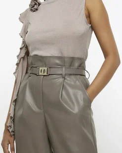 River Island faux leather belted paperbag trousers Grey Sale