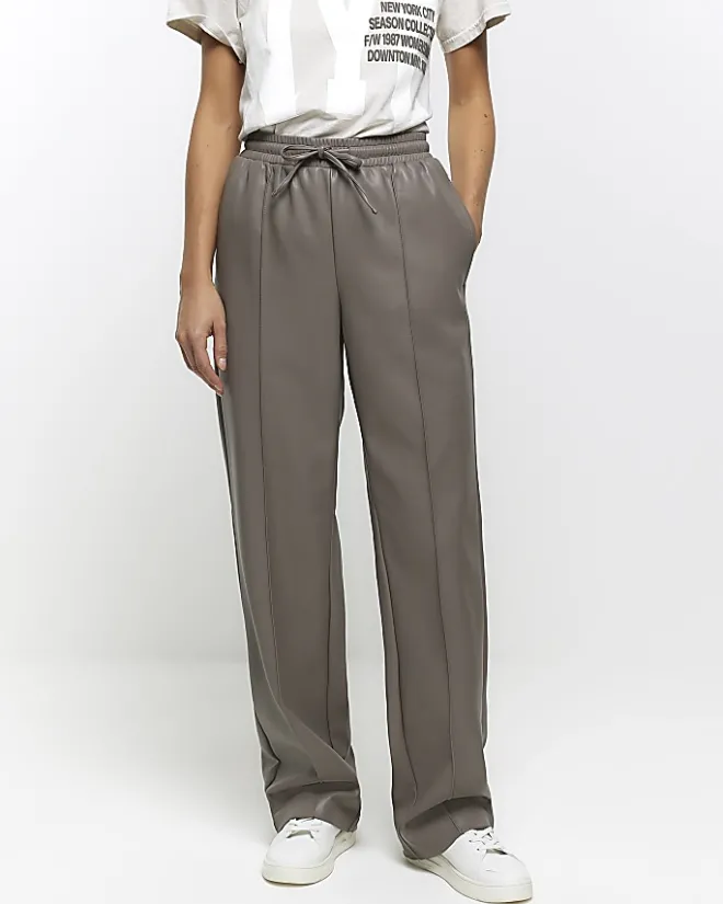 River Island faux leather wide leg trousers Grey Fashion
