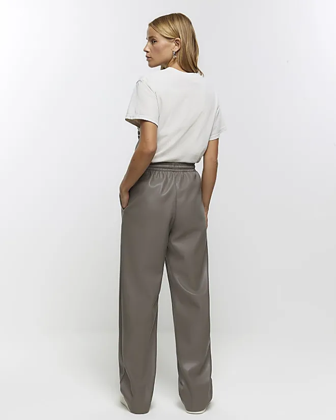 River Island faux leather wide leg trousers Grey Fashion