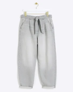 River Island high waisted belted tapered jeans Grey Outlet