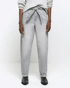 River Island high waisted belted tapered jeans Grey Outlet