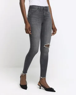 River Island high waisted bum sculpt ripped jeggings Grey New