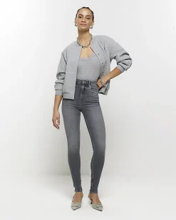 River Island high waisted bum sculpt skinny jeans Grey Clearance