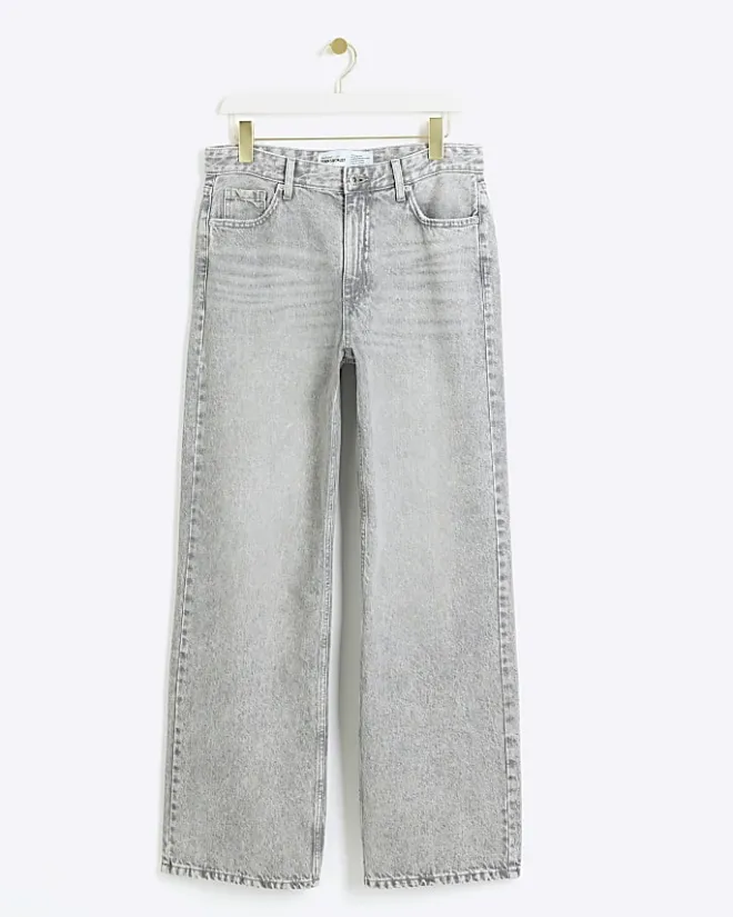 River Island high waisted relaxed straight fit jeans Grey Sale