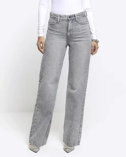 River Island high waisted relaxed straight fit jeans Grey Sale