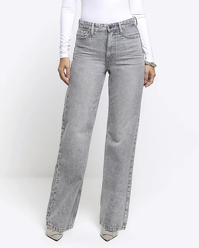 River Island high waisted relaxed straight fit jeans Grey Sale