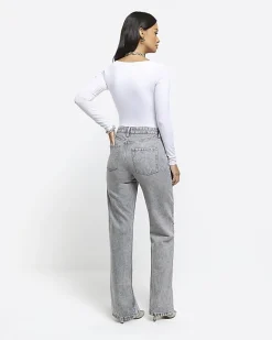 River Island high waisted relaxed straight fit jeans Grey Sale