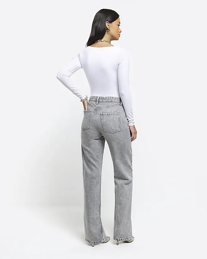 River Island high waisted relaxed straight fit jeans Grey Sale