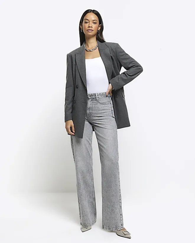 River Island high waisted relaxed straight fit jeans Grey Sale