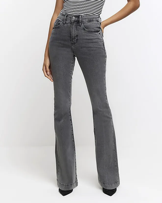 River Island high waisted tummy hold flared jeans Grey Clearance