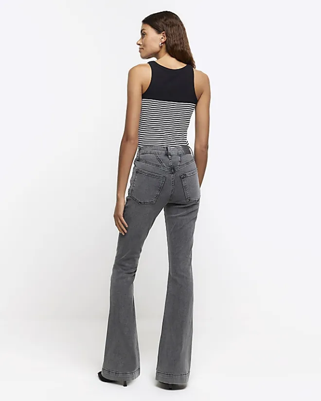 River Island high waisted tummy hold flared jeans Grey Clearance