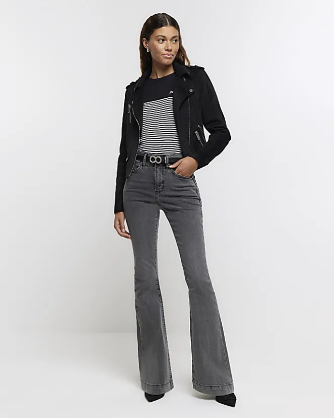 River Island high waisted tummy hold flared jeans Grey Clearance