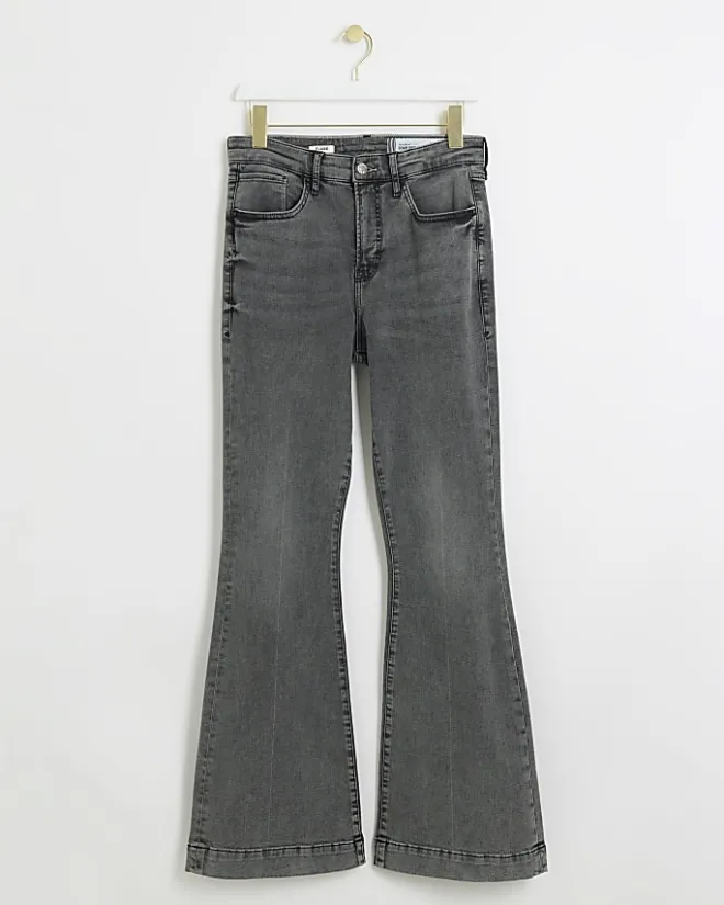 River Island high waisted tummy hold flared jeans Grey Clearance