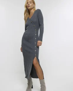 River Island knit bodycon midi dress Grey Sale