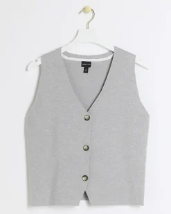 River Island knit button up waistcoat Grey Discount