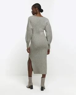 River Island knit wrap jumper midi dress Grey Sale