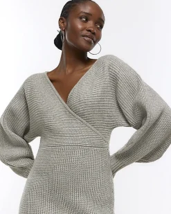 River Island knit wrap jumper midi dress Grey Sale