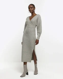 River Island knit wrap jumper midi dress Grey Sale