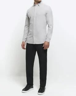River Island muscle fit oxford smart shirt Grey Clearance