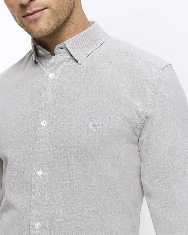River Island muscle fit oxford smart shirt Grey Clearance