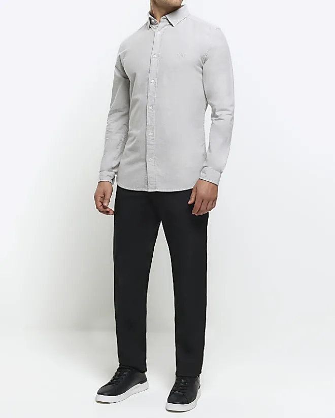 River Island muscle fit oxford smart shirt Grey Clearance