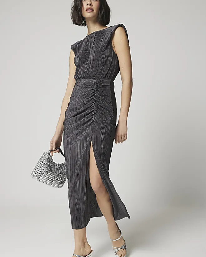 River Island plisse ruched dress Grey Clearance