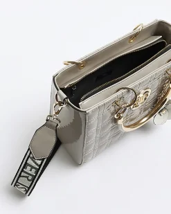 River Island quilted corsage tote bag Grey Online