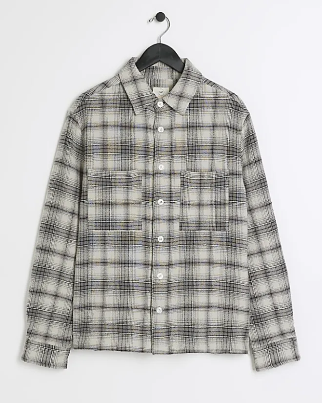 River Island regular fit check long sleeve overshirt Grey Sale