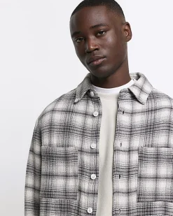 River Island regular fit check long sleeve overshirt Grey Sale