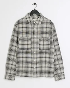 River Island regular fit check long sleeve overshirt Grey Sale