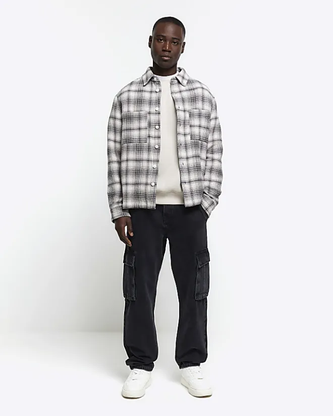 River Island regular fit check long sleeve overshirt Grey Sale